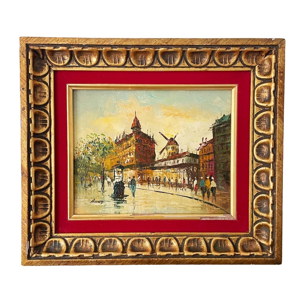 Vintage oil painting with ornate frame street scene